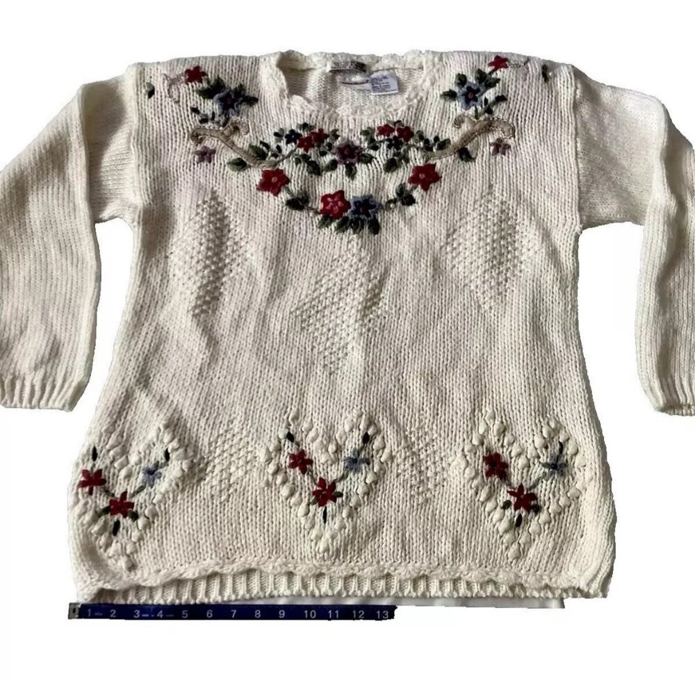 Vintage Bobbie Brooks White Hand-Knit Sweater W/ Floral Embroidery Ladies L Acry